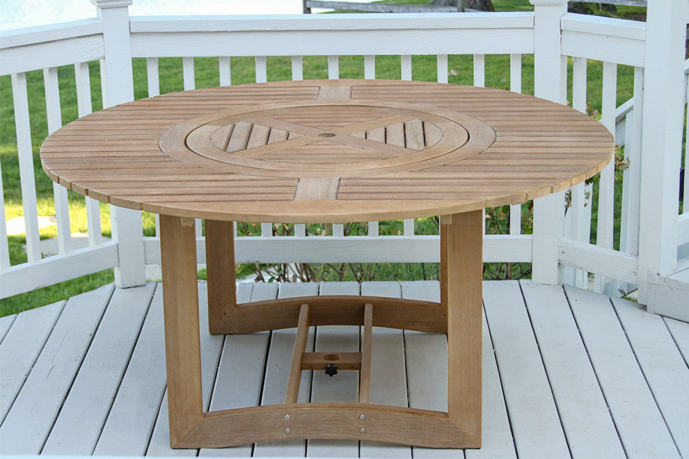 8 Person Antique Wash Lazy Susan Table With Blue Rope Chairs