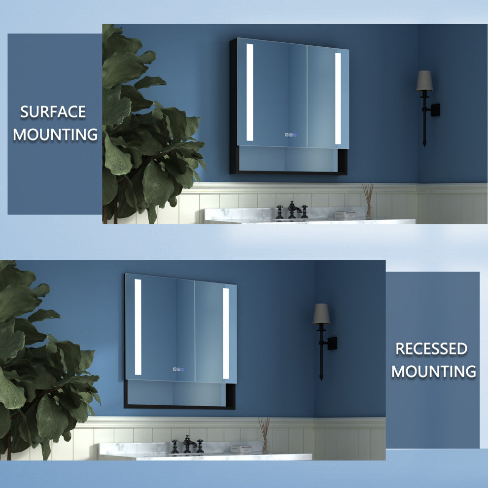 Aluminum Surface/Recessed Mount Medicine Cabinet with Mirror, Outlet and Lights