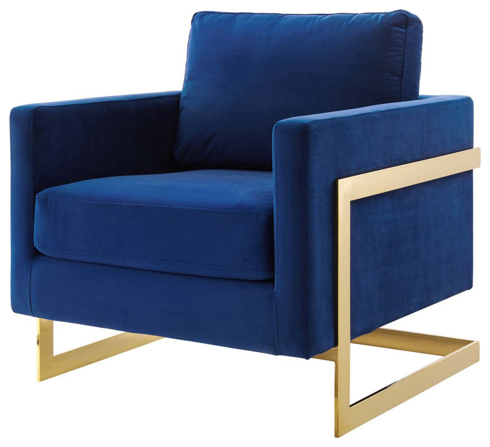 Accent Chair, Velvet, Metal, Gold Blue Navy, Modern, Living Lounge Hospitality