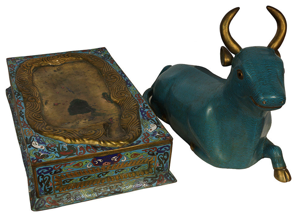 Consigned ANTIQUE CHINESE ROYAL GOLD PLATED CLOISONNE BULL