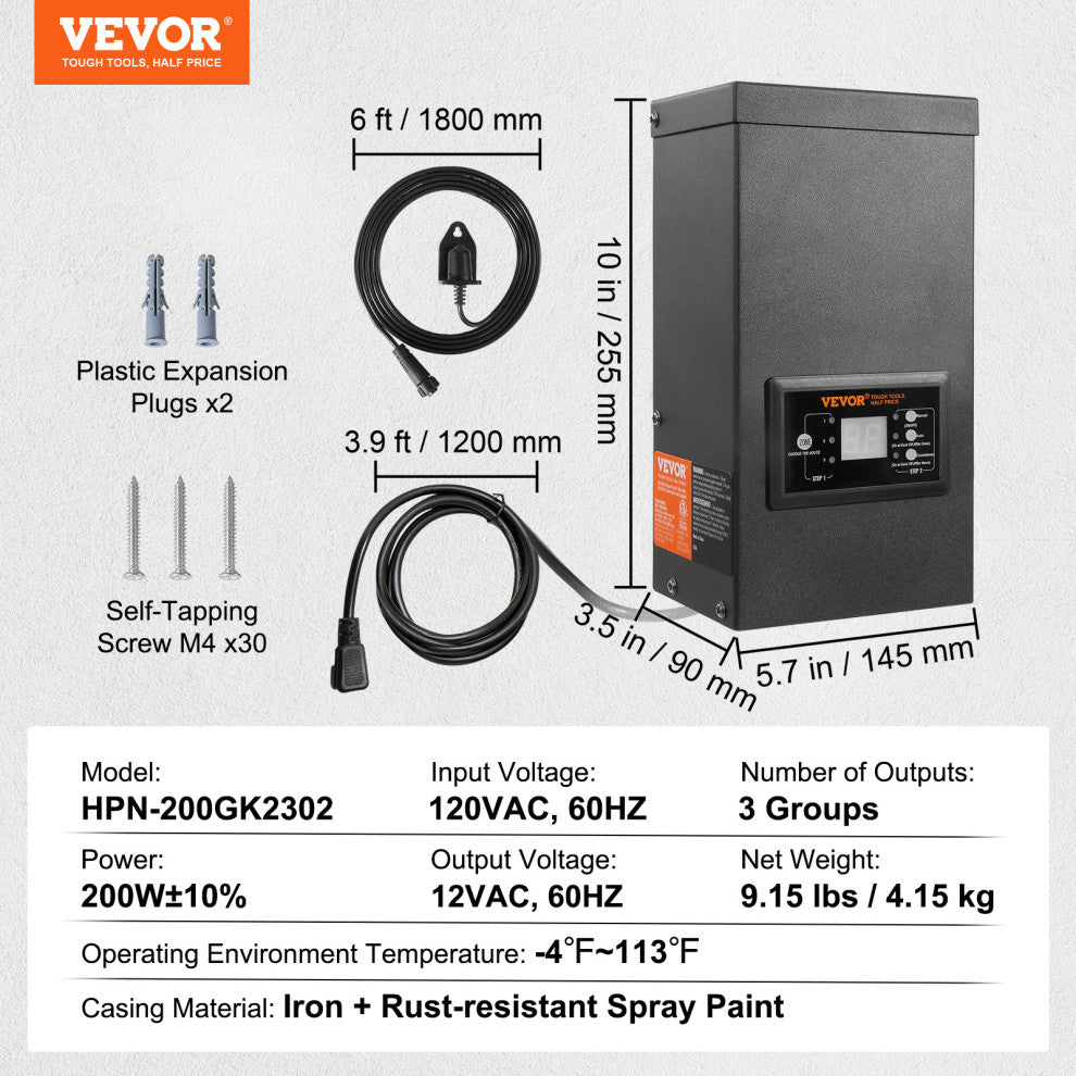 VEVOR 200W Low Voltage Landscape Transformer with Timer and Photocell Sensor