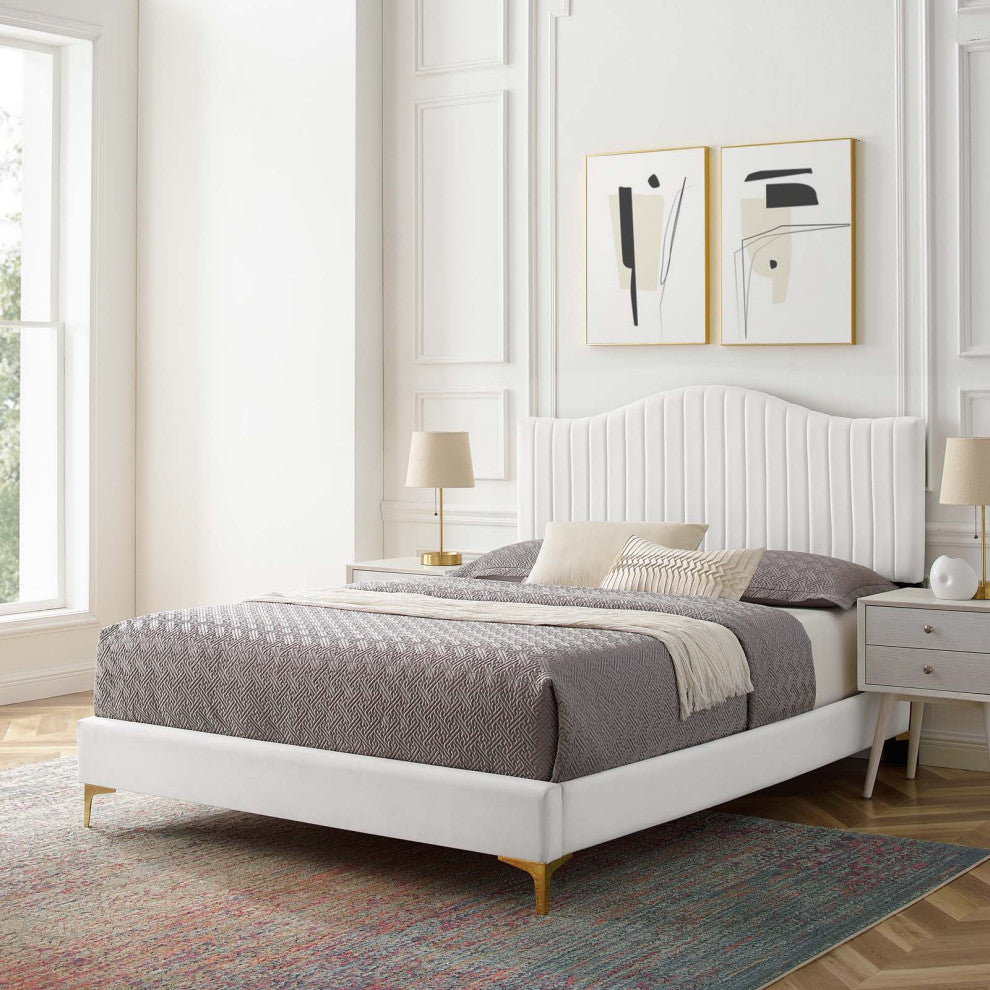 Juniper Channel Tufted Performance Velvet King Platform Bed, White