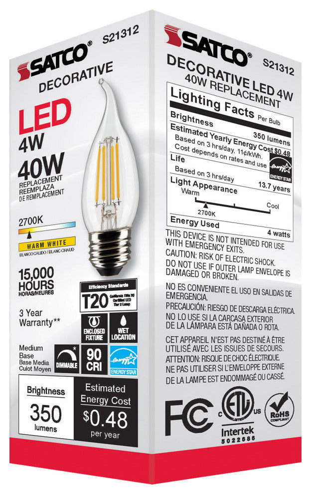4W CA10 LED, Clear, Medium Base, 90 CRI, 2700K, 120V