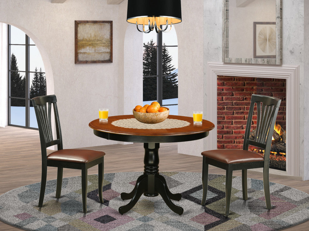 3 Pc Set With A Round Small Table And 2 Leather Dinette Chairs, Black