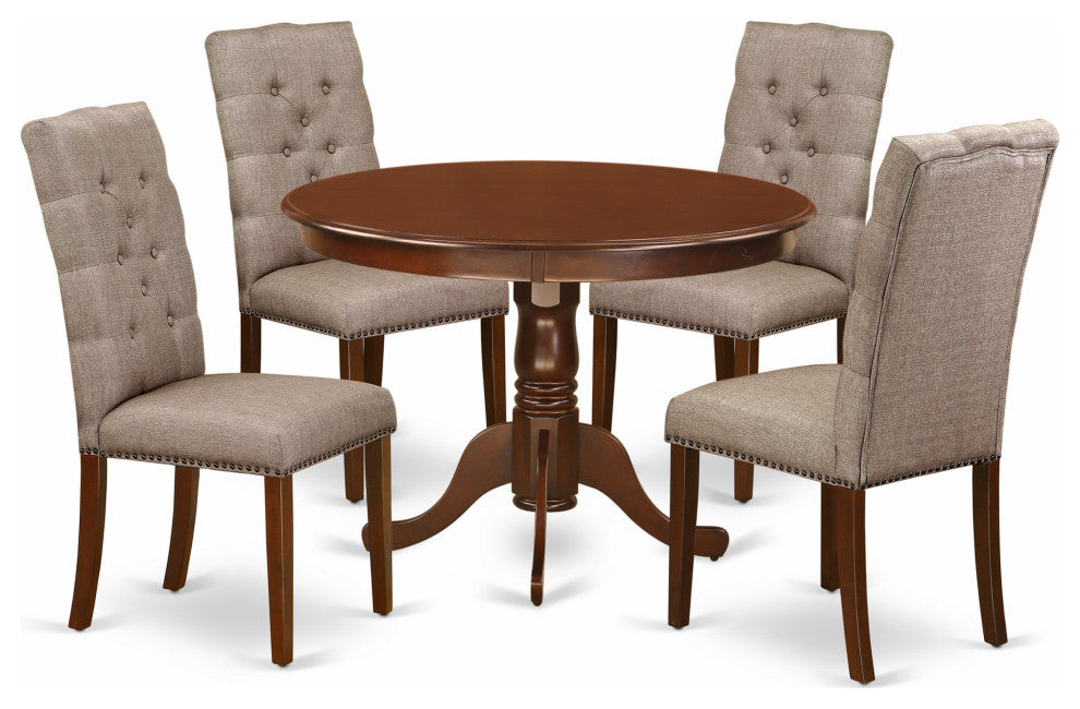5Pc Kitchen Set 4 Parson Chairs, Round Table Hardwood Structure Mahogany Finish