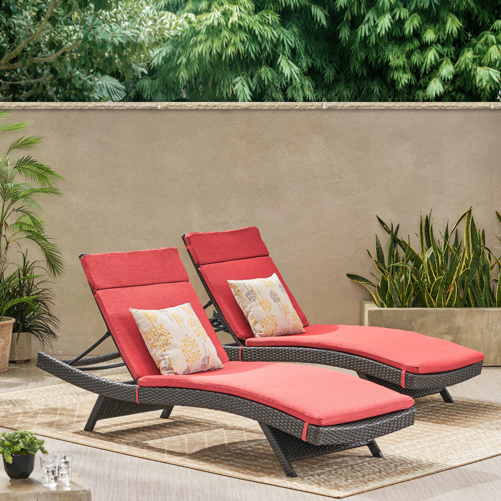 GDF Studio Nassau Outdoor Gray Wicker Chaise Lounge, Red Cushions, Set of 2