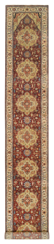 Red Hand Spun Wool Hand Knotted Antiqued Fine Heriz XL Runner Rug, 2'6"x18'2"
