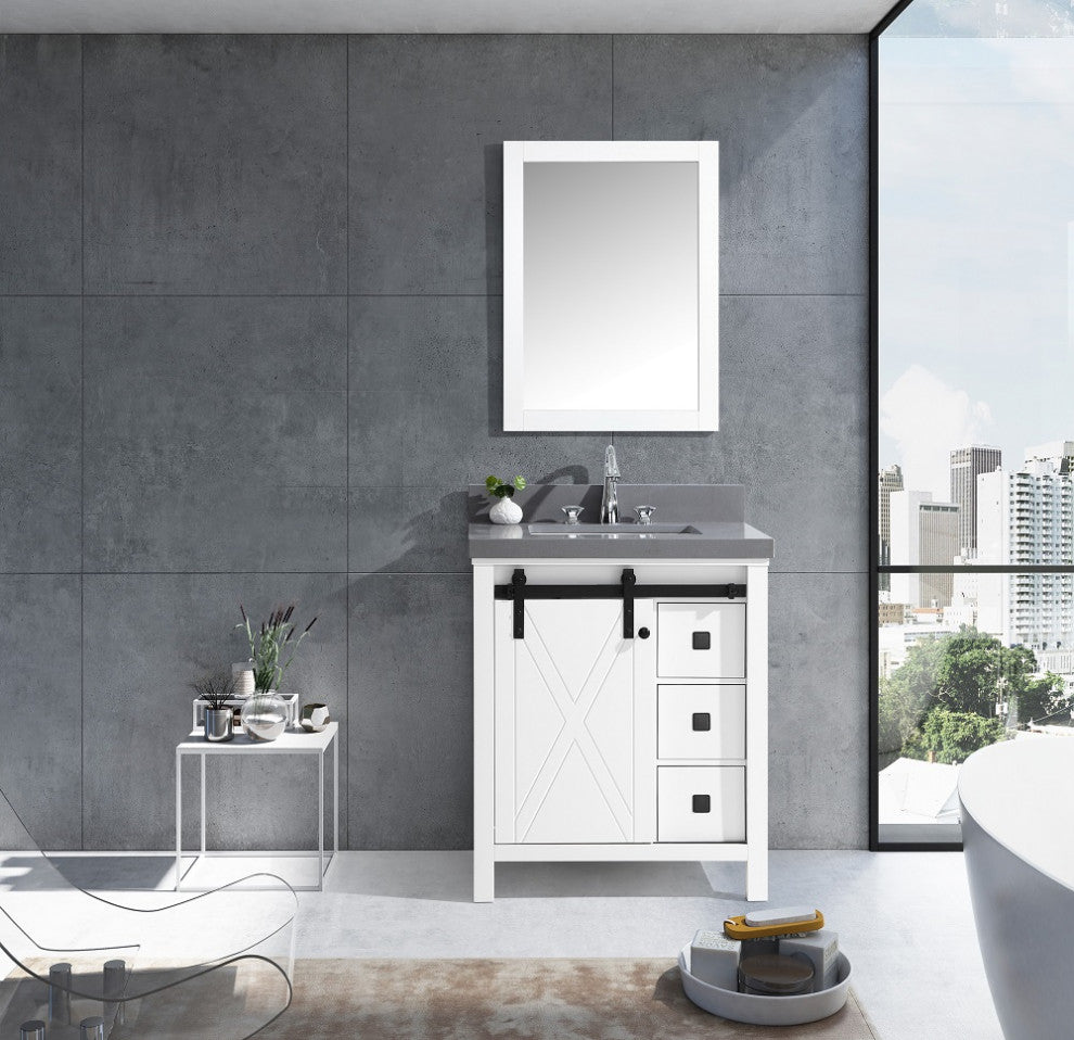 Marsyas Veluti 30" Single Vanity Cabinet Gray Quartz Top Sink, 28" Wall Mirror