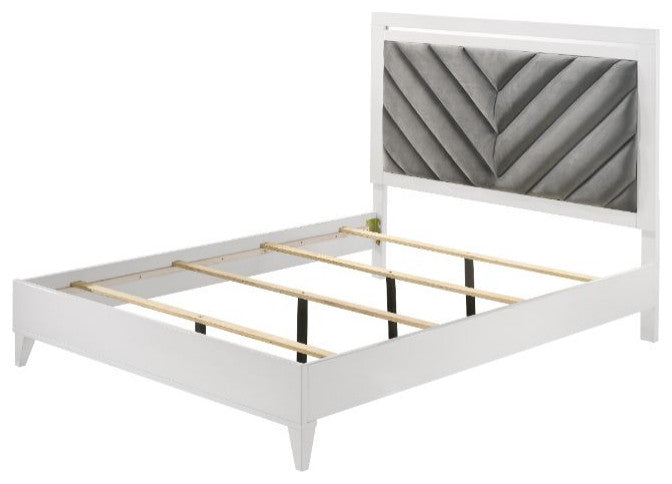 Briella V Lines Tufted Headboard Standard Bed, Gray/White, King