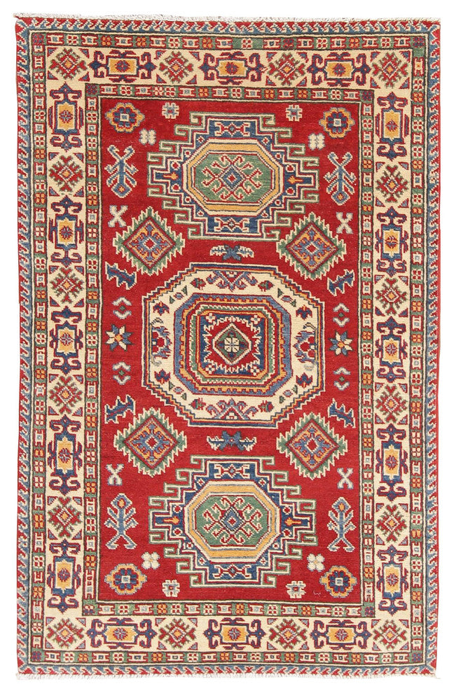 Hand-Knotted Oriental Pakistani Kazak Traditional Area Rug Wool, Red, 5'1"X3'3"