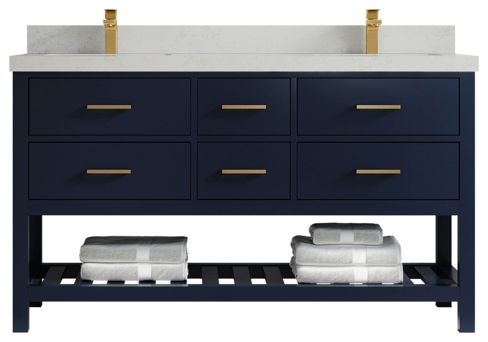 Parker 60 Double Sink Bathroom Vanity in Navy Blue  2" Carrara Quartz