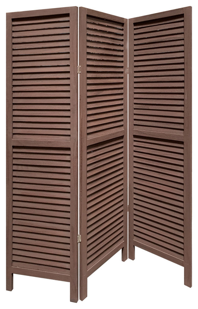 Stylish Three Panel Washed Brown Shutter Divider Screen