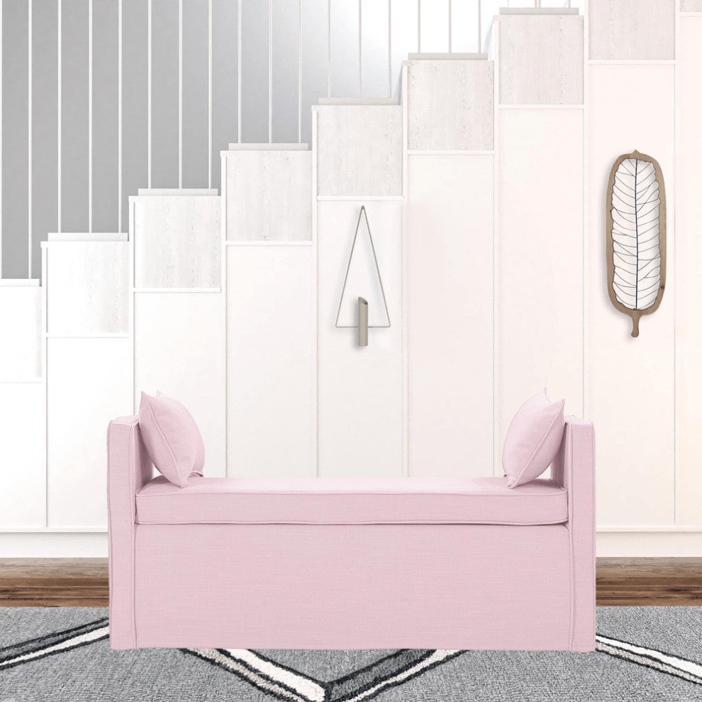 53" Light Pink And Black Upholstered Linen Bench