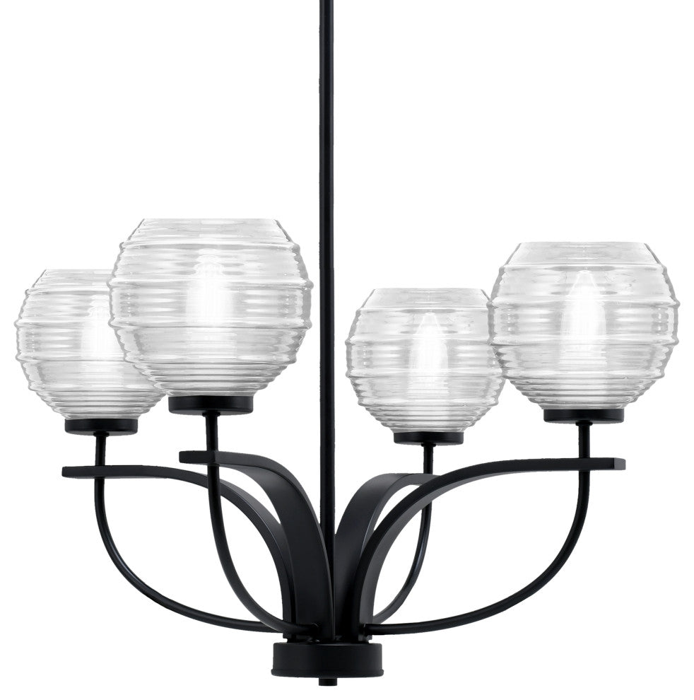 Cavella 4 Light Chandelier, Matte Black Finish, 6" Clear Ribbed Glass