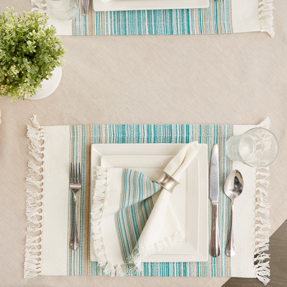 Teal Blue Striped Fringed Placemat Set of 6