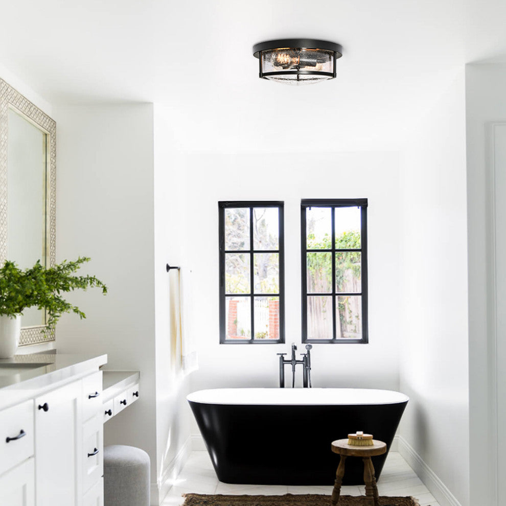 Farmhouse 2-Light Seeded Drum Glass Flush Ceiling Light