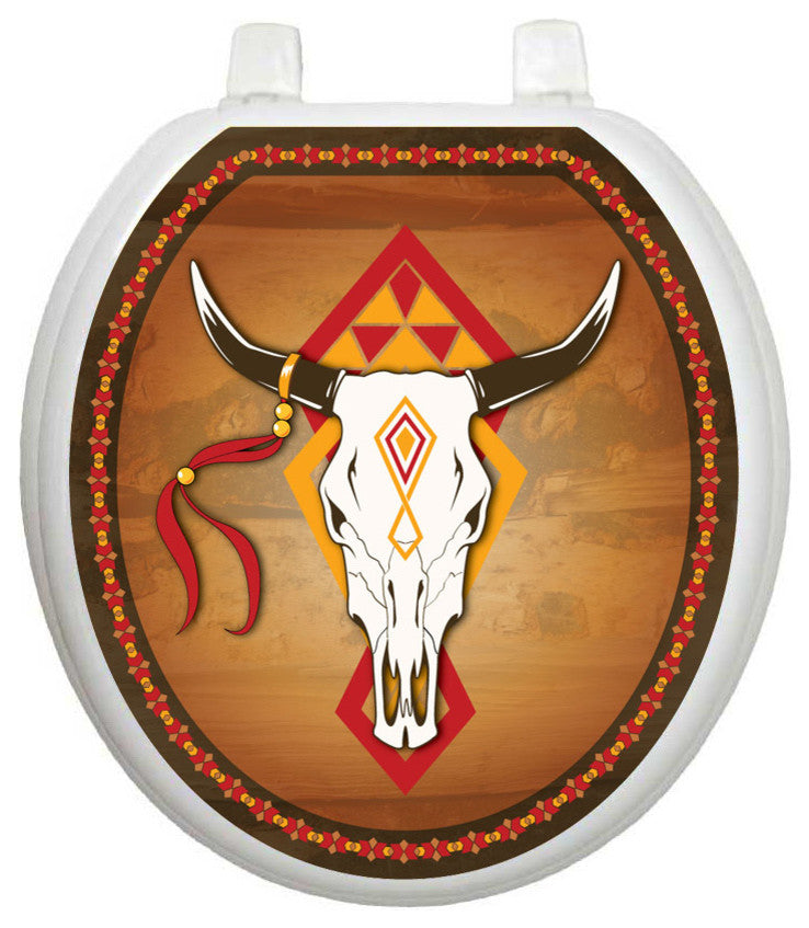 Cow Skull Toilet Tattoos Seat Cover, Vinyl Lid Decal, Bathroom Cling Sticker, Round
