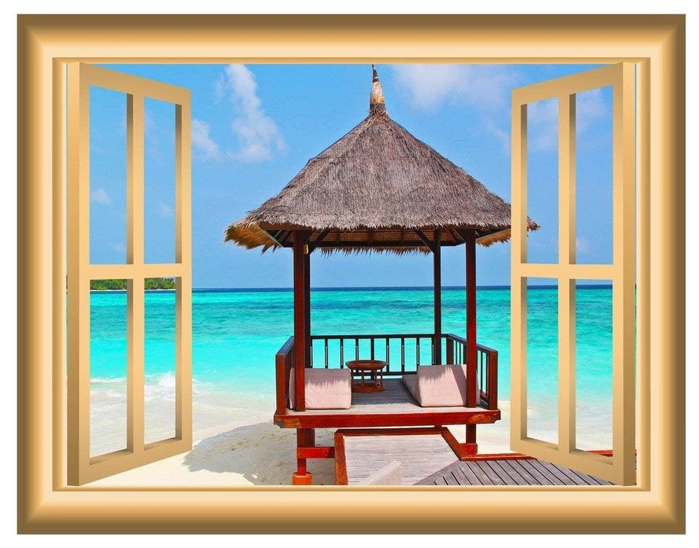 Beach Hut Window Decal Ocean Wall Decal Peel and Stick Mural -NW10 , 18"x22