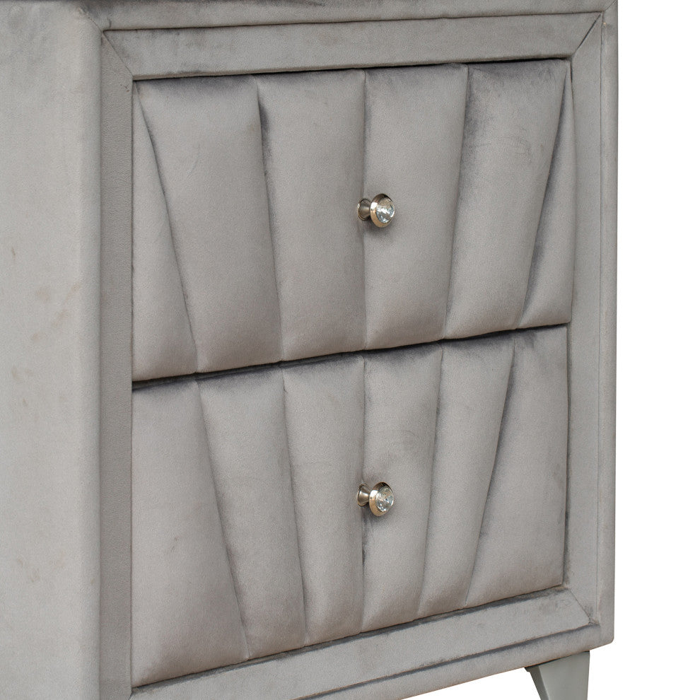 2-Drawer Wood Nightstand with Velvet Fabric and Glass Worktop, Silver Gray