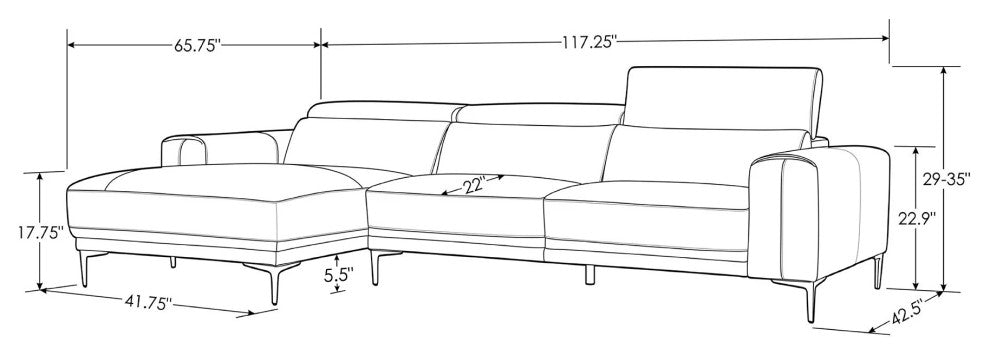 Rousso Grey Leather Sectional with Ratcheting Headrests, Right Chaise