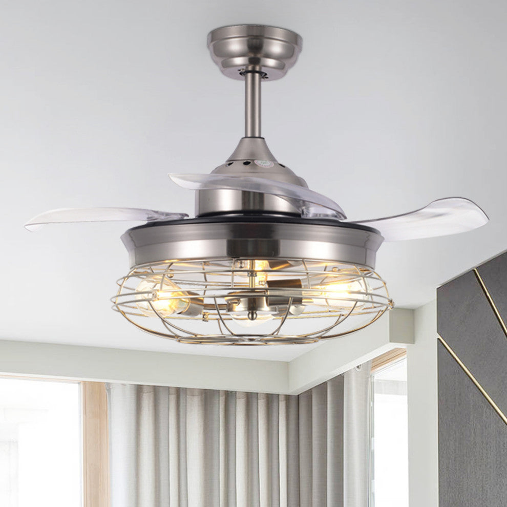 42" Vintage Industrial Ceiling Fan with Retractable Blades, Remote Control, Brushed Nickel