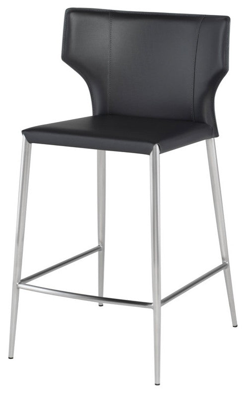 Wayne Bar Stool, Modern Leather Barstool, Brushed Stainless Steel Legs, Gray