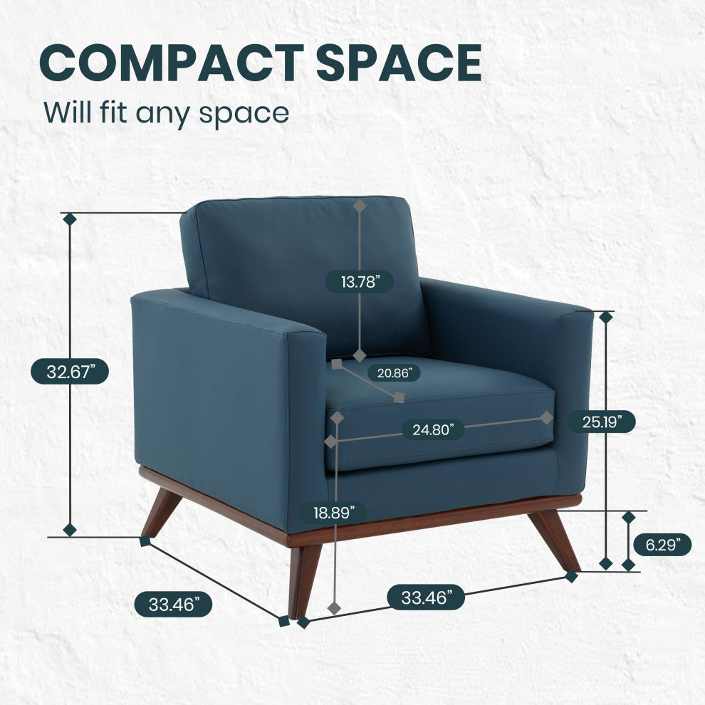 LeisureMod Chester Mid-Century Modern Faux Leather Accent Arm Chair, Navy Blue