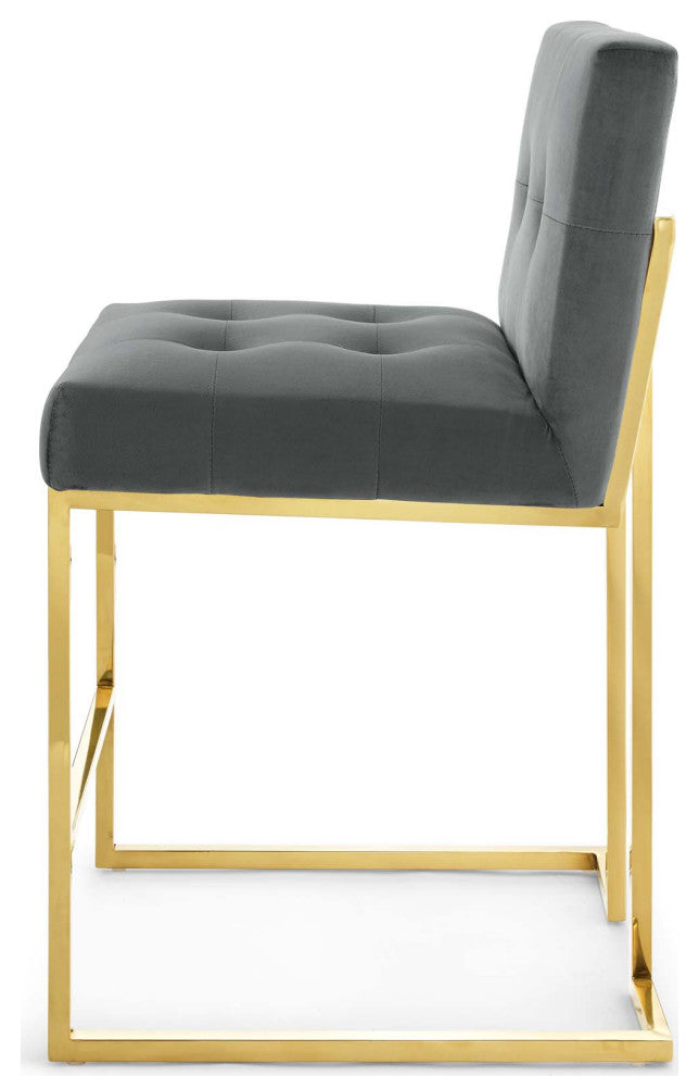 Counter Stool Chair, Velvet, Metal, Gold Gray, Modern, Bar Pub Cafe Bistro