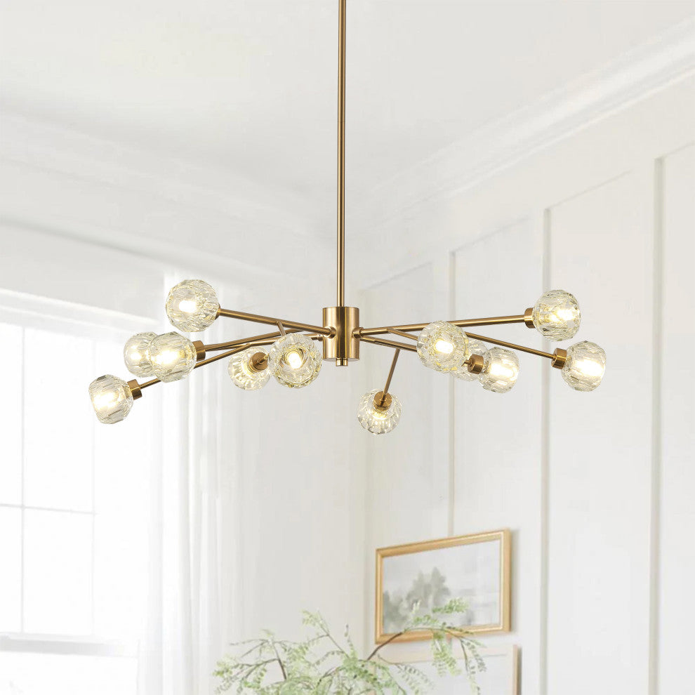 Mid-Century Modern Brass 12-Light Clear Glass Sputnik Chandelier