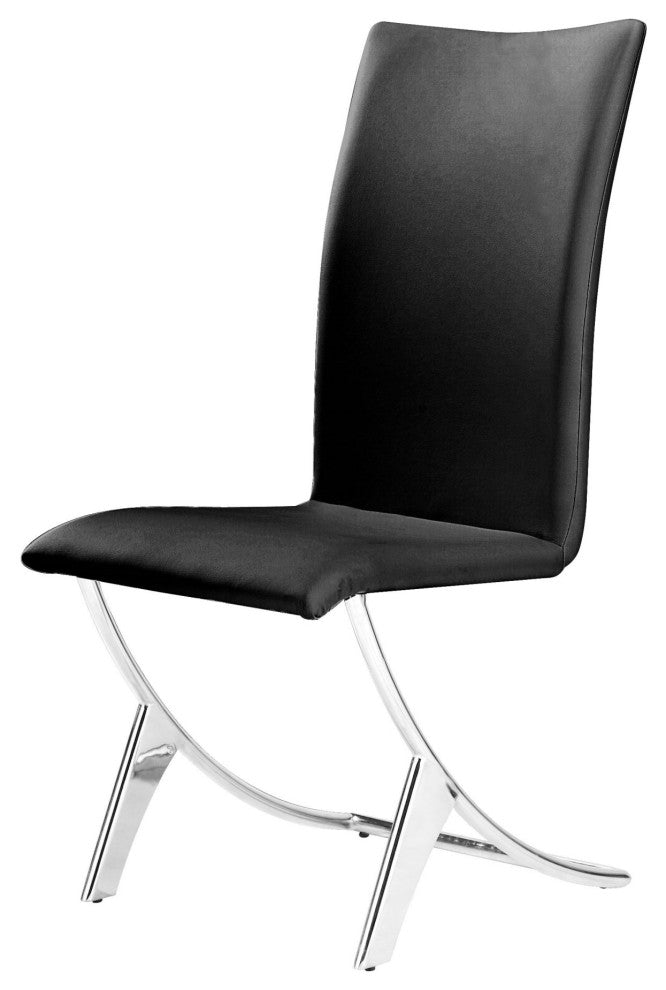 Dining Chair, Set of 2, Faux Vinyl Leather, Steel, Black, Chrome, Cafe Bistro