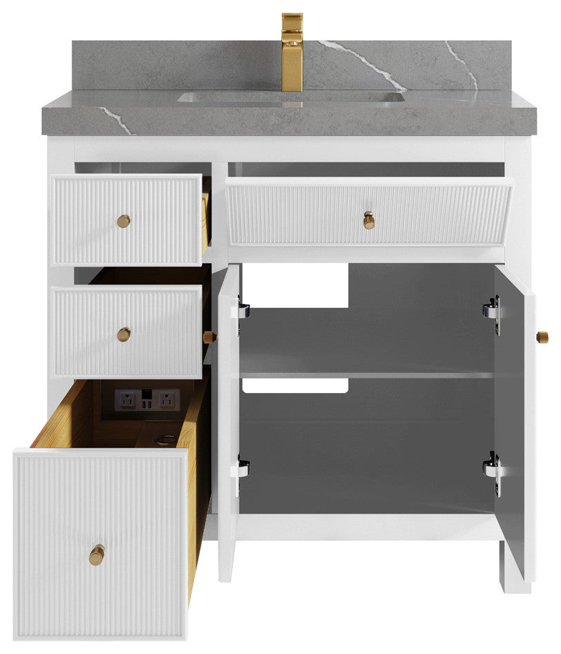 Sonoma 36 Center Sink Reeded Bath Vanity in White 2" Piatra Gray