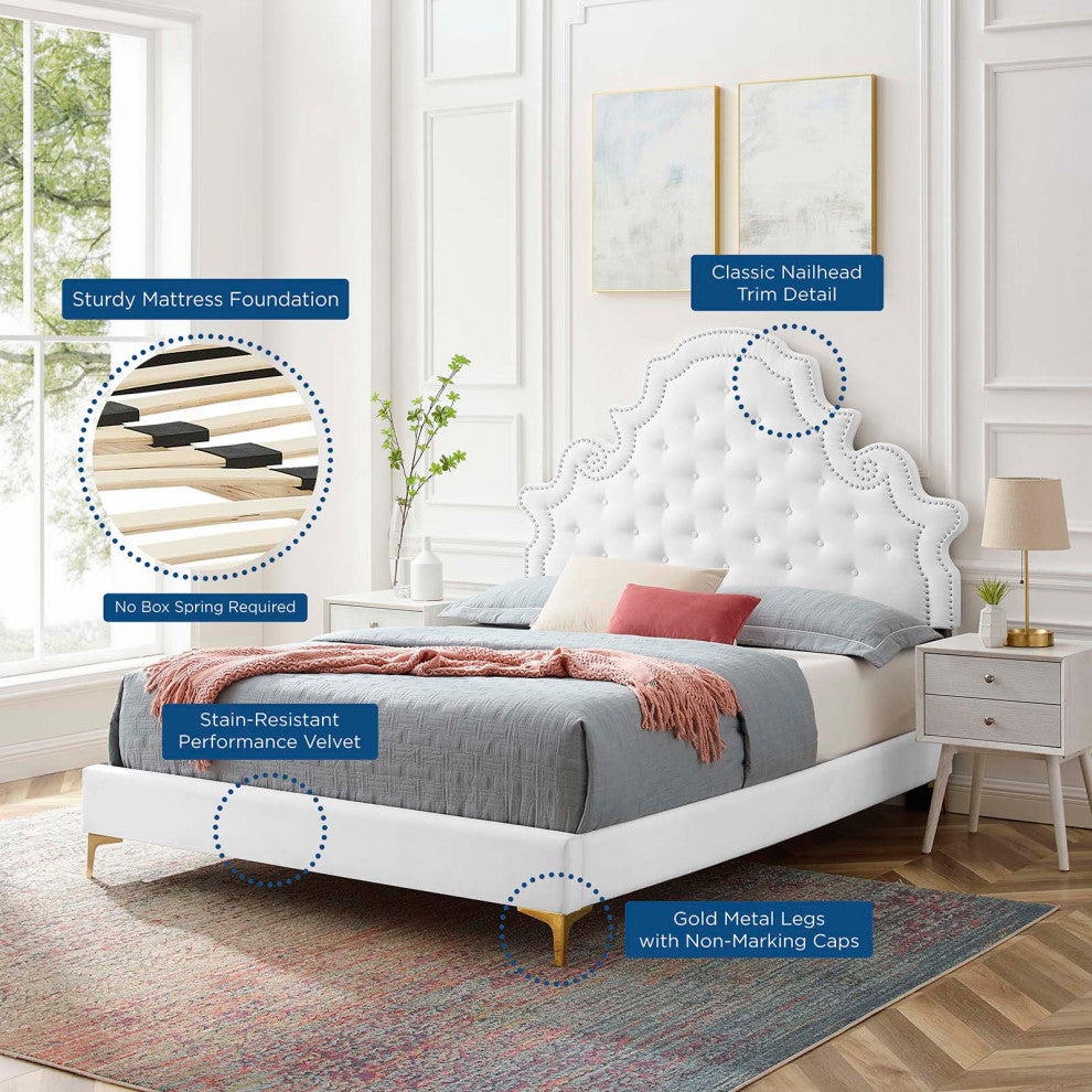 Gwyneth Tufted Performance Velvet Twin Platform Bed, White