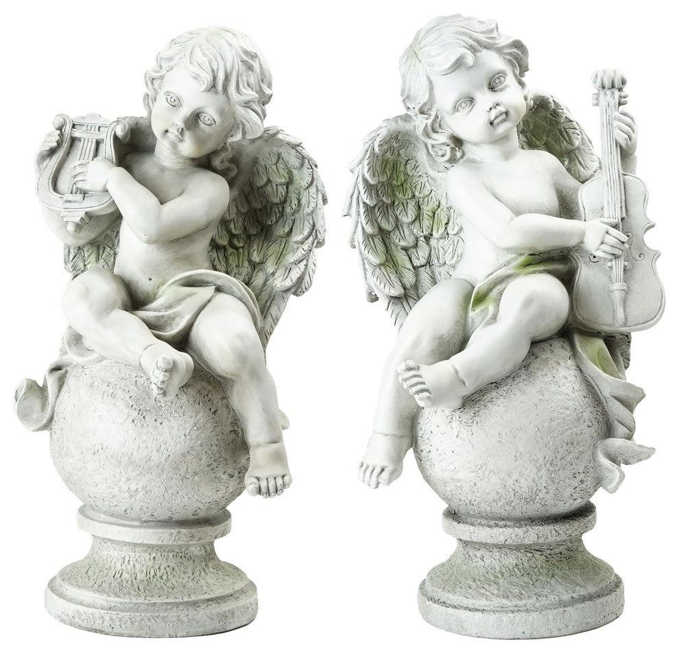 2 Sitting Angels with Instruments Outdoor Garden Statues