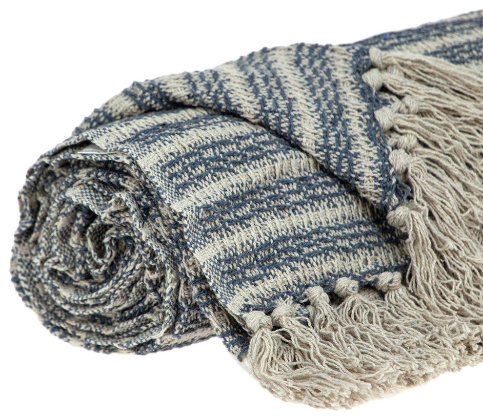 Blue Gray and Beige Cotton Handloom Throw Blanket