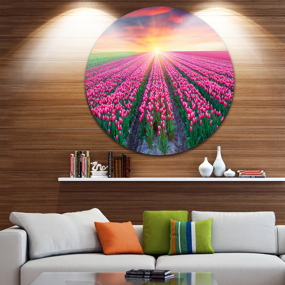 Blooming Tulips At Sunrise, Photo Round Metal Wall Art, 23"