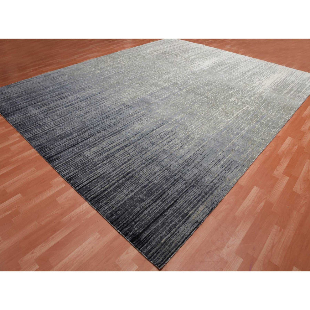 Blue, Modern Ombre Design, Pure Wool Hand Knotted Oversized Rug, 12'2"x15'0"