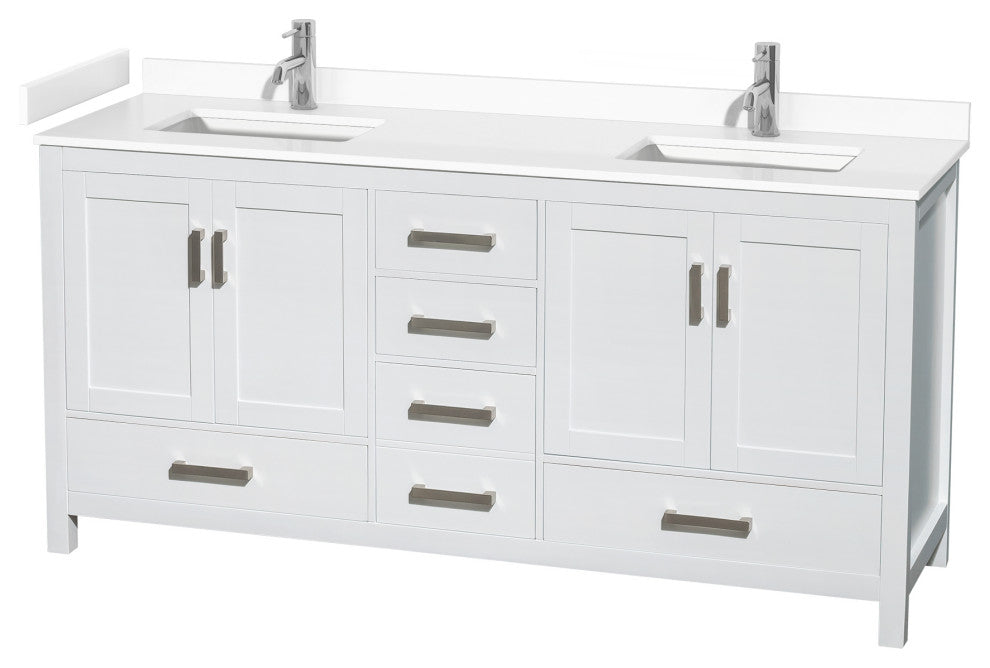 72" Double Bathroom Vanity, White, White Cultured Marble Countertop, Sinks