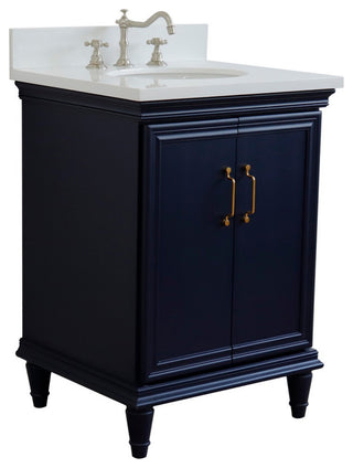 25" Single Vanity, Blue Finish With White Engineered Stone Top And Oval Sink