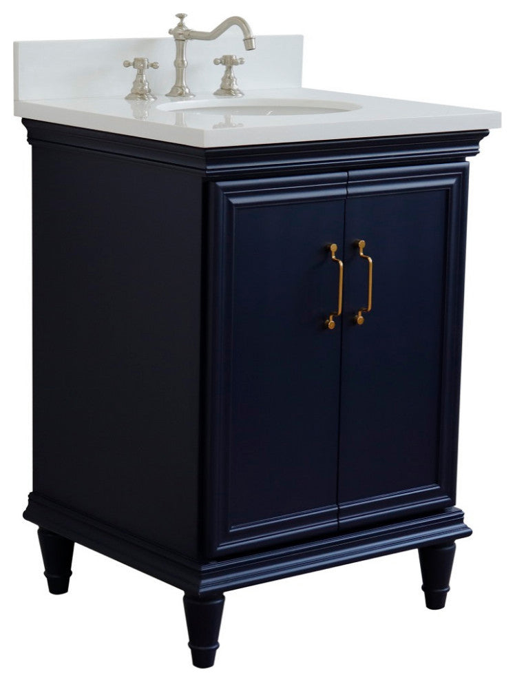 25" Single Vanity, Blue Finish With White Engineered Stone Top And Oval Sink