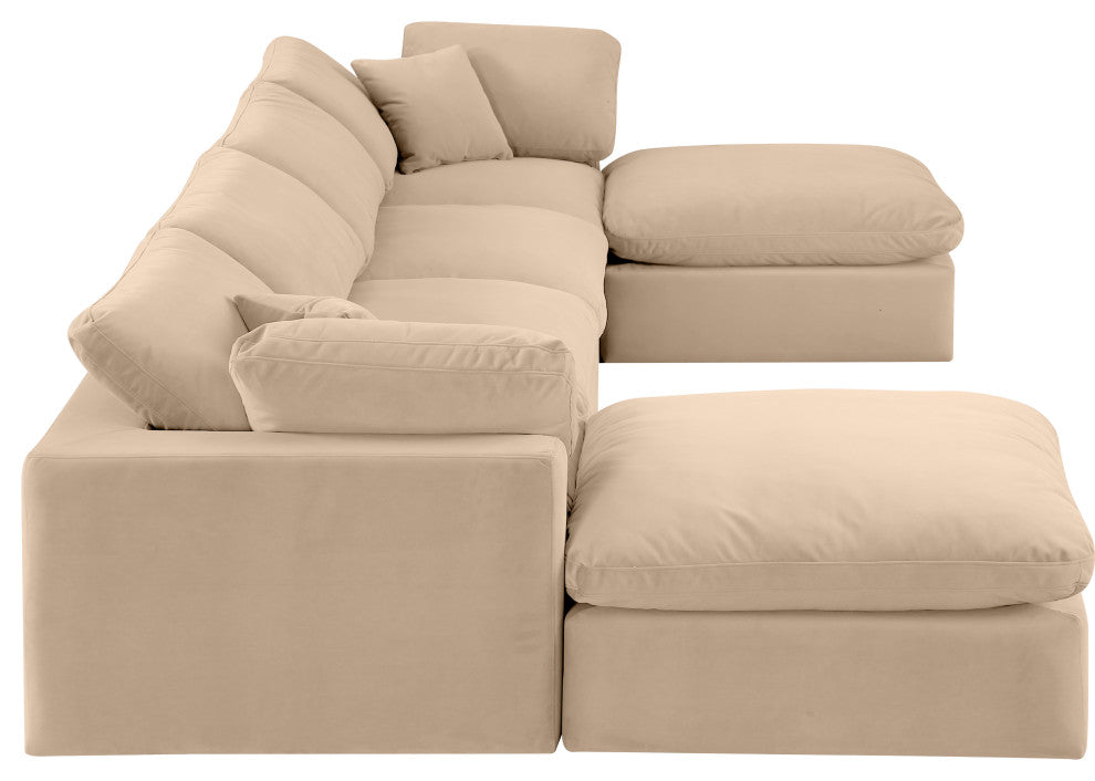 Comfy Upholstered U-Shaped Modular Sectional, Beige, 6-Piece: 2 Armless Chair, 2 Corner Chair, 2 Ottoman, Velvet