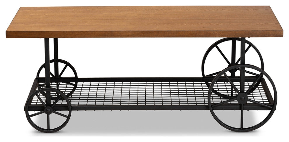 Vintage Walnut Brown Finished Wood Black Finished Metal Wheeled Coffee Table