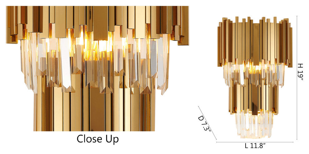 2-Tier Gold Rod Wall Sconce With Clear Crystals