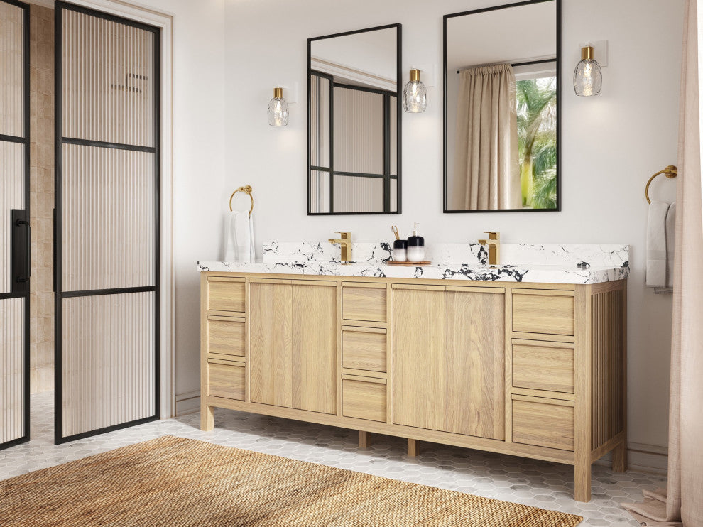 Elizabeth Oak 84" Double Sink Vanity, White 2" Empira Quartz