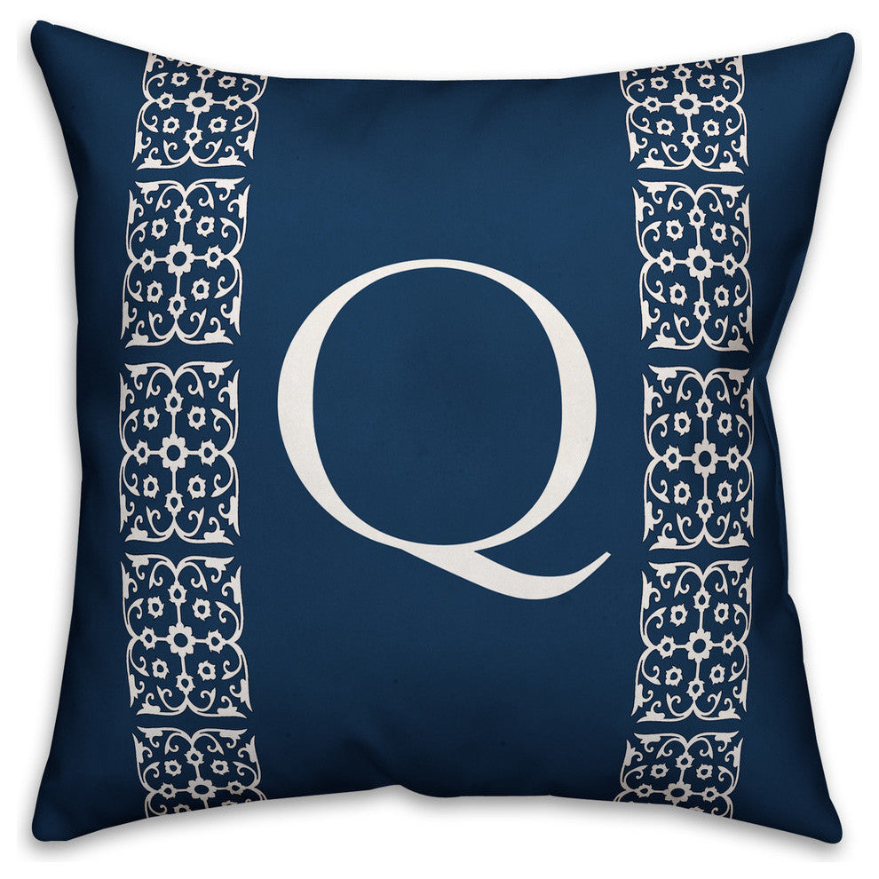 Navy with White Lace Pattern - Monogram Q 18x18 Spun Poly Pillow