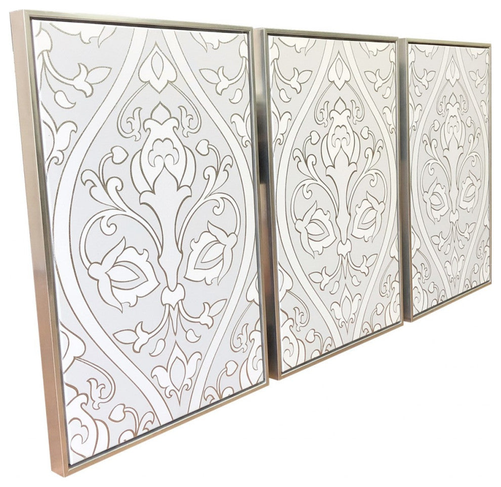 Baroque Inspired Triptych Silver Framed Canvas Wall Art Set