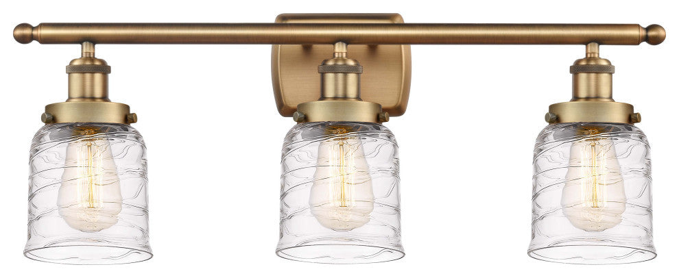 Small Bell 3 Light Bath Vanity Light, Brushed Brass, Deco Swirl