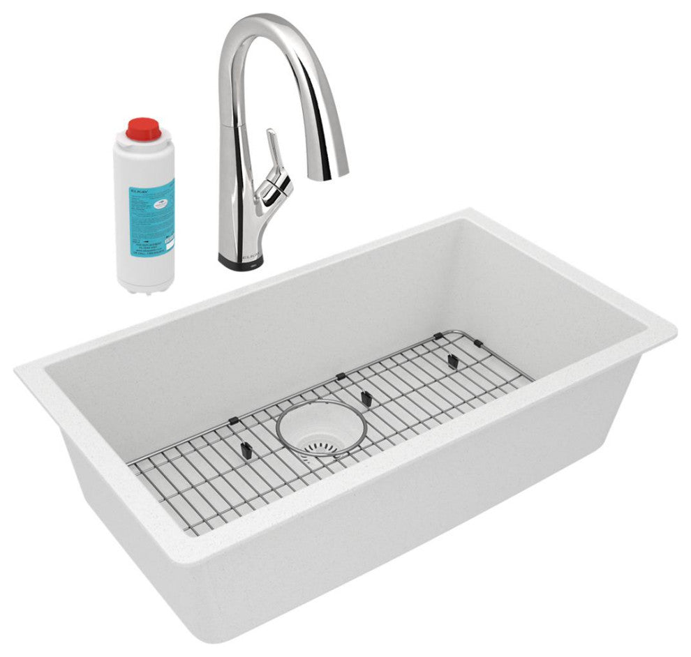 Quartz Classic 33" Single Bowl Undermount Sink Kit With Filtered Faucet, White