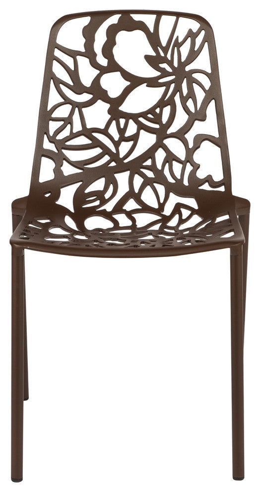 LeisureMod Devon Modern Outdoor Stackable Aluminum Dining Chair, Set of 2, Brown