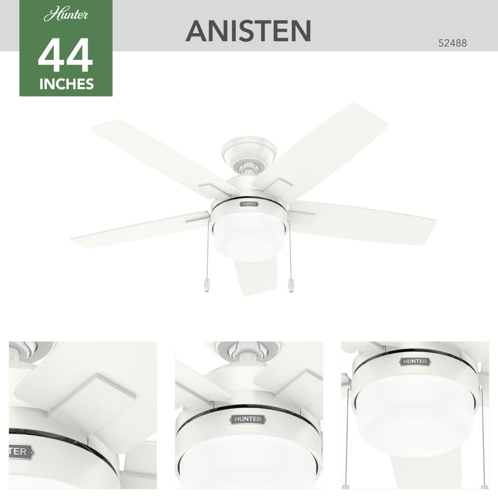Hunter 44" Anisten Fresh White Ceiling Fan, LED Kit, Pull Chain