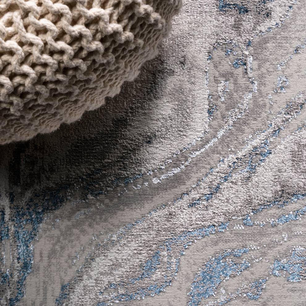 Swirl Marbled Abstract Area Rug, Gray/Blue, 2'x8'